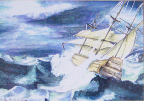 watercolor of a ship in a storm