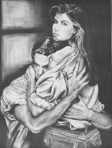 black and white charcoal painting of a ccoule embracing