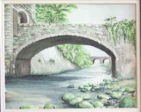 watercolor of a stone bridge